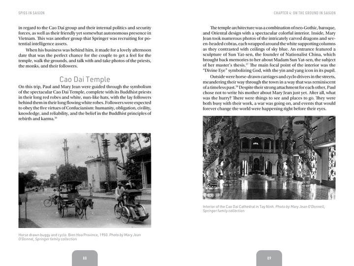 A person rides a brown horse near the ornate Cao Dai Temple in Vietnam, once observed by CIA Saigon—an image featured in "Spies in Saigon" by Schiffer Publishing, Ltd.—with an interior view of the richly decorated temple nearby.