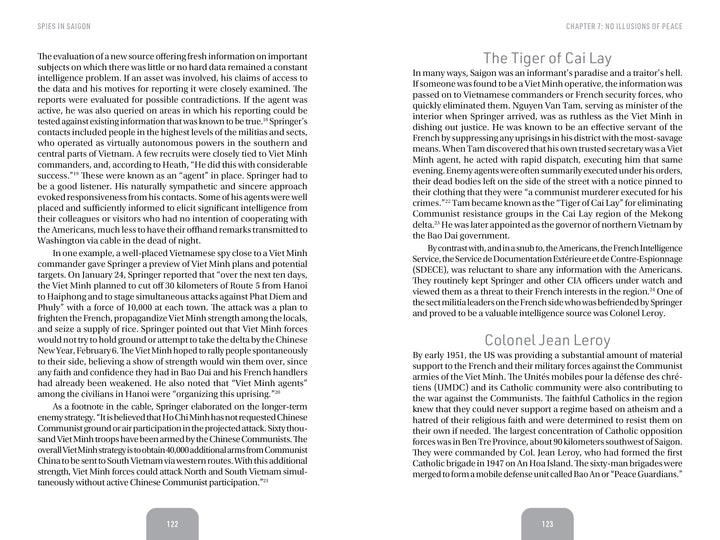 A spread from "Spies in Saigon" by Schiffer Publishing, Ltd. covers a spy network in Vietnam during the French-Indochina War, shown on pages 122-123 with two text columns and a section header.