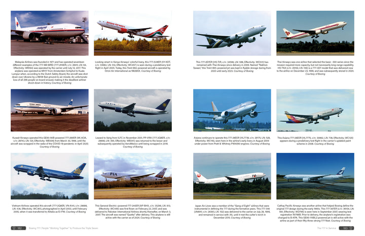 A collage of twelve commercial airplanes, including the Boeing 777 from Schiffer Publishing, Ltd., shown in flight or taxiing. Captions provide aircraft details and credits. Blue skies and airport runways are featured in the background.