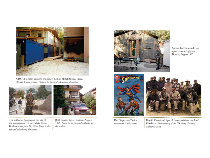 A collage of six photos from "Combat Historian" by Schiffer Publishing, Ltd.: military containers, a historian at a memorial, convoy on a road, hut with laundry, Superman comic, and Army special forces—each with captions.