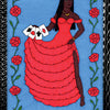 A dark-skinned woman with long dark hair wears a ruffled red dress and headscarf, holding four playing cards. She stands against a blue background with roses, embodying divine feminine energy in The Dark Daughter Tarot by Schiffer Publishing, Ltd.
