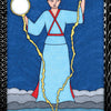 A woman in a blue and red robe stands on clouds, holding two glowing orbs with lightning; a third orb hangs below. The dark sky evokes the mystique of The Dark Daughter Tarot by Schiffer Publishing, Ltd. Text: Three of Air – Dian Mu.