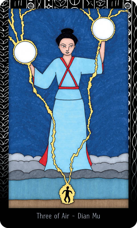 A woman in a blue and red robe stands on clouds, holding two glowing orbs with lightning; a third orb hangs below. The dark sky evokes the mystique of The Dark Daughter Tarot by Schiffer Publishing, Ltd. Text: Three of Air – Dian Mu.