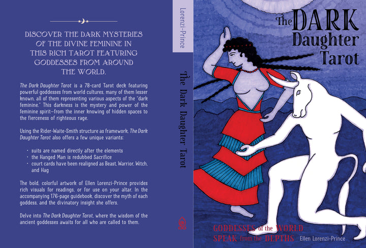 Book cover for The Dark Daughter Tarot by Schiffer Publishing, Ltd. features a blue and purple illustration of a nude woman with a crescent moon meeting a white, horned satyr; mystical symbols evoke divine feminine and goddess tarot energy.