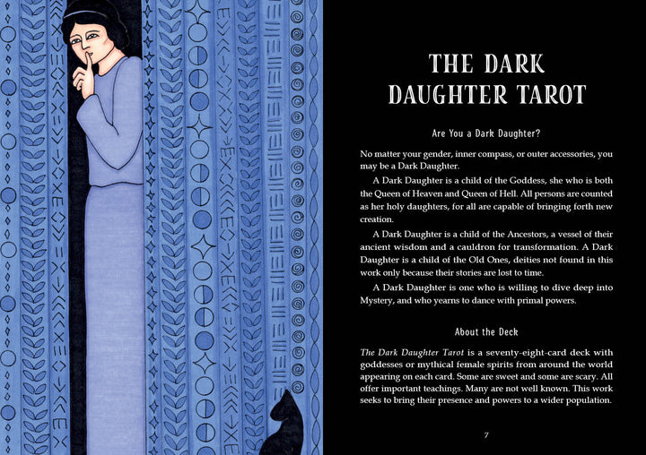 A dark-haired woman in a navy dress stands among tall blue plants, channeling the divine feminine as she glances sideways with a finger to her lips. A black cat sits below. On the right, white text introduces Schiffer Publishing's The Dark Daughter Tarot.