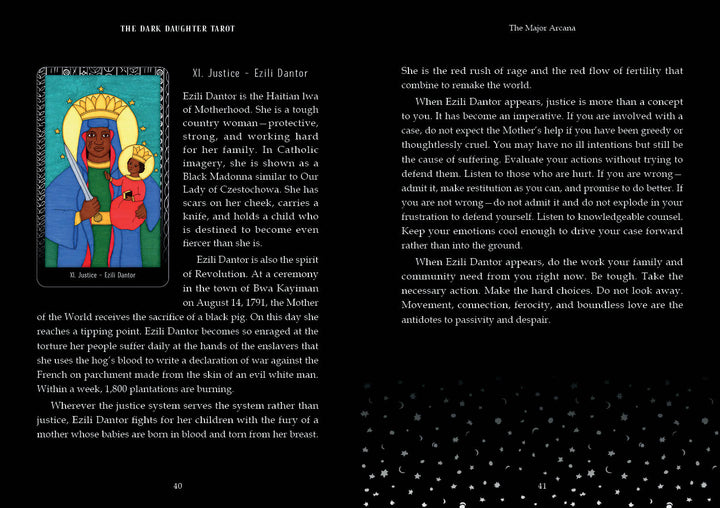 A tarot card from The Dark Daughter Tarot by Schiffer Publishing, Ltd. shows Ezili Dantor, a Black Madonna, with a crowned child and sword. Both wear blue and red on a starry black backdrop, surrounded by text.