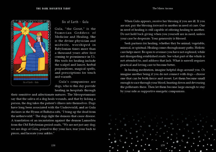The Dark Daughter Tarot by Schiffer Publishing, Ltd. features a Six of Earth – Gula card showing a serene woman in blue on a throne with a lion, set against a celestial sky and gold-red design. Guide pages explain the card’s meaning.