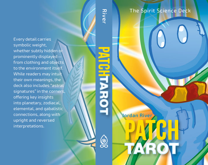 The cover of Patch Tarot, an esoteric deck from Schiffer Publishing, Ltd., shows a blue cartoon figure with button eyes, stitched mouth, and raised hand against a colorful abstract background with a sword and left-side text.
