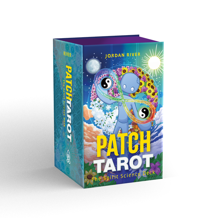 Patch Tarot by Schiffer Publishing, Ltd. is a vibrant tarot deck featuring a blue cartoon figure with a yin-yang symbol on the box, set against a cosmic and natural backdrop—ideal for lovers of esoteric art and spirituality.