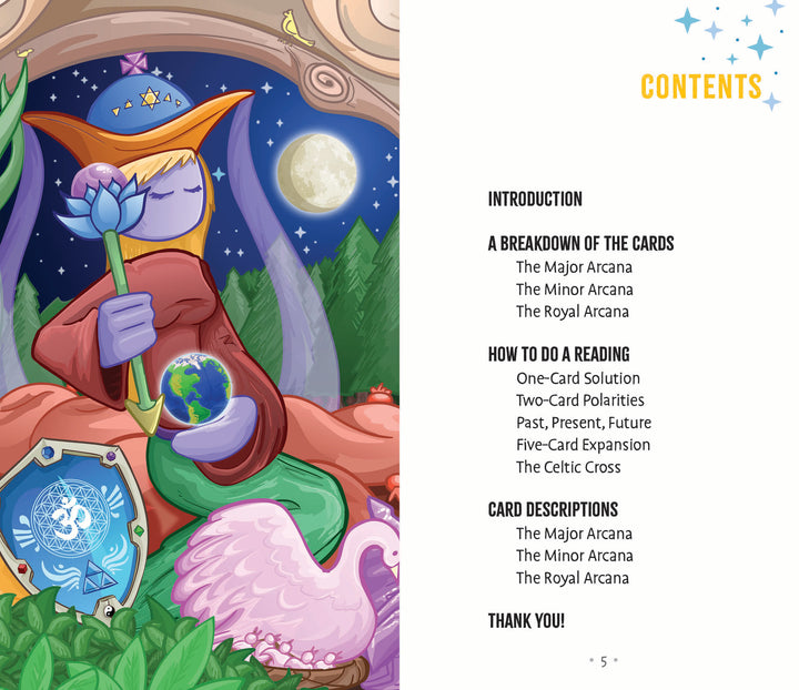 A purple-robed figure with a staff and orb sits in a magical landscape inspired by Patch Tarot. On the right, a Contents page details sections of this esoteric tarot guidebook from Schiffer Publishing, Ltd.