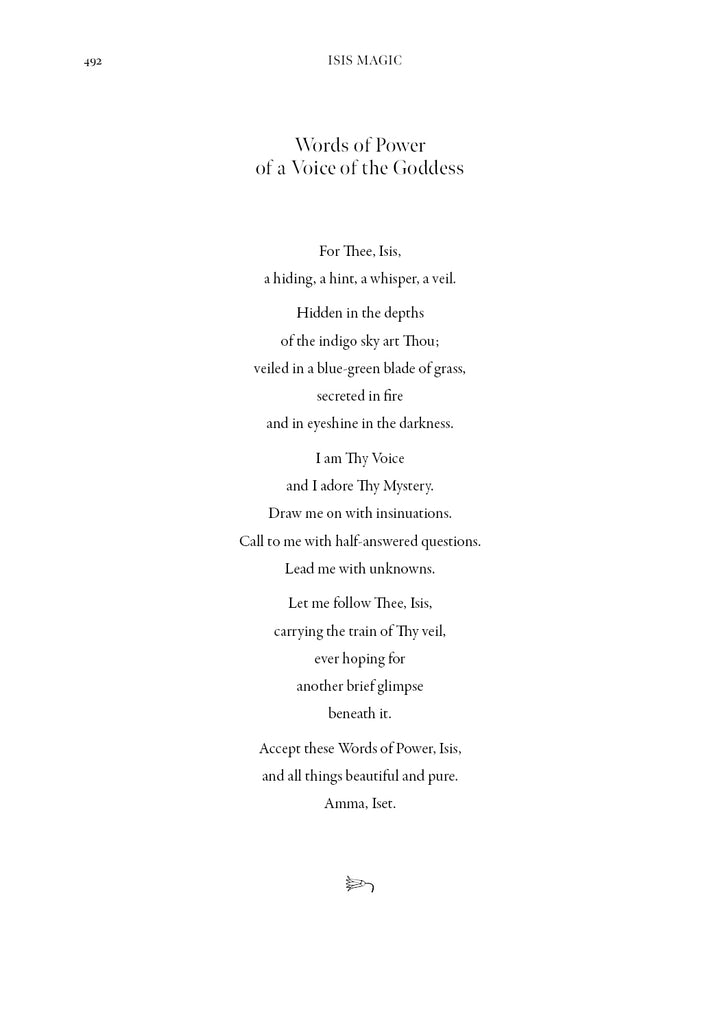 Centered on a white page in Isis Magic: 25th Anniversary Edition by Schiffer Publishing, Ltd., a poem titled Words of Power of a Voice of the Goddess describes the Egyptian goddess Isis and mystery. Page number 492 is at the top left corner.