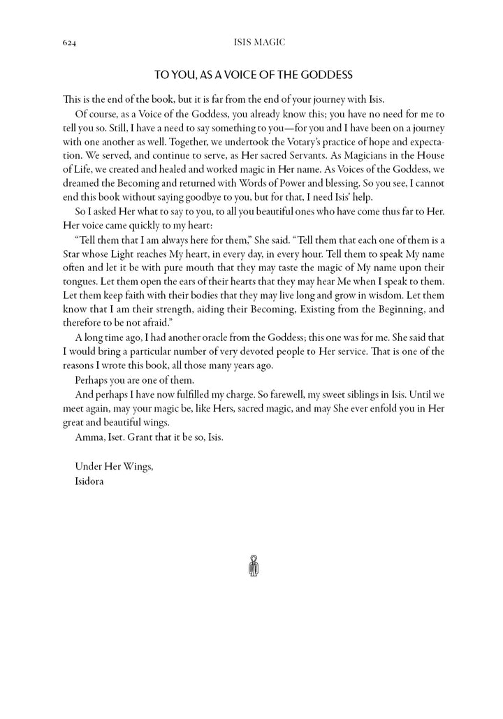 A page in "Isis Magic: 25th Anniversary Edition" by Schiffer Publishing, Ltd. shares a message from the goddess Isis, spiritual guidance, and tips for devotion. Signed by Isidora with a scarab beetle illustration.