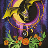 The MicroCosmic Oracle by Schiffer Publishing, Ltd. features a "20- INTENSITY - Moon in Scorpio" card showing a bat with outstretched wings above a crescent moon, purple rings, and marigolds on a dark cosmic backdrop.