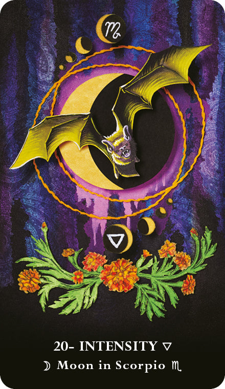 The MicroCosmic Oracle by Schiffer Publishing, Ltd. features a "20- INTENSITY - Moon in Scorpio" card showing a bat with outstretched wings above a crescent moon, purple rings, and marigolds on a dark cosmic backdrop.