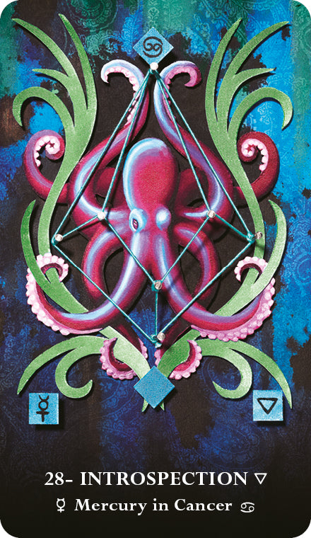 A stylized pink octopus is surrounded by green shapes, geometric lines, and astrological symbols on the MicroCosmic Oracle card from Schiffer Publishing, Ltd. The card shows 28 – Introspection, Mercury in Cancer, with more symbols below.