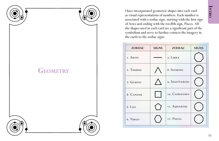 A decorative page from The MicroCosmic Oracle by Schiffer Publishing, Ltd. shows "Geometry" on the left and, on the right, a chart linking zodiac signs to geometric shapes with a brief explanation of their astrological connection.