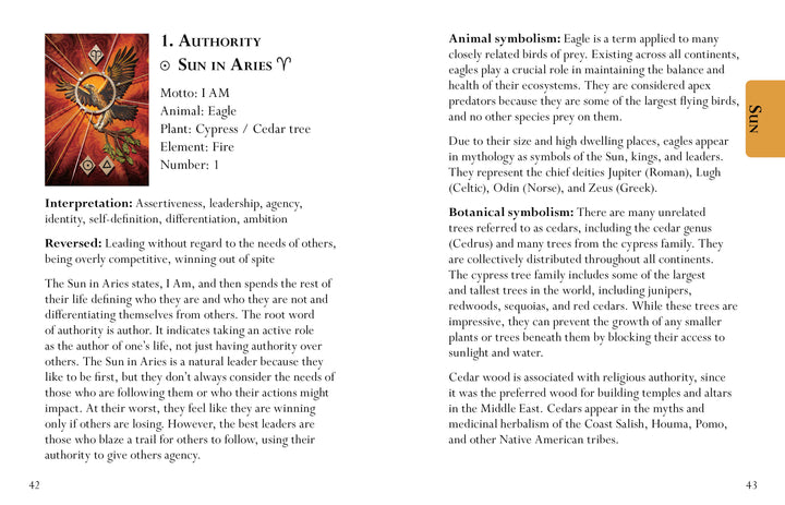 A page from The MicroCosmic Oracle by Schiffer Publishing, Ltd. showcases zodiac tarot insights on Authority—Sun in Aries—with symbols, interpretations, reversed meanings, and a decorative orange vertical SUN bar; perfect for any astrology oracle deck guide.
