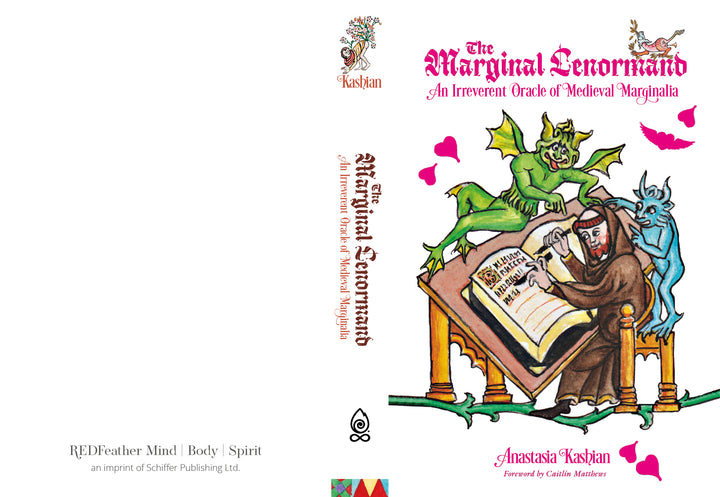 A vibrant cover for The Marginal Lenormand by Schiffer Publishing, Ltd. shows a monk writing at his desk, startled by playful green and blue demons—an irreverent medieval oracle deck.