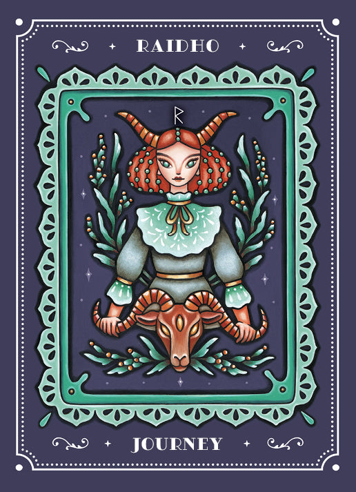 An illustration from the Weird Weavings Runic Oracle by Schiffer Publishing, Ltd. shows a red-haired woman with ram’s horns holding a ram’s head, framed by leaves, the RAIDHO rune above her, and JOURNEY below within a decorative border.