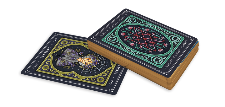 The Weird Weavings Runic Oracle by Schiffer Publishing, Ltd. features a decorative playing card deck with ornate blue and green backs; one card shows a spider on a web with flowers, stars, and subtle Elder Futhark runes.