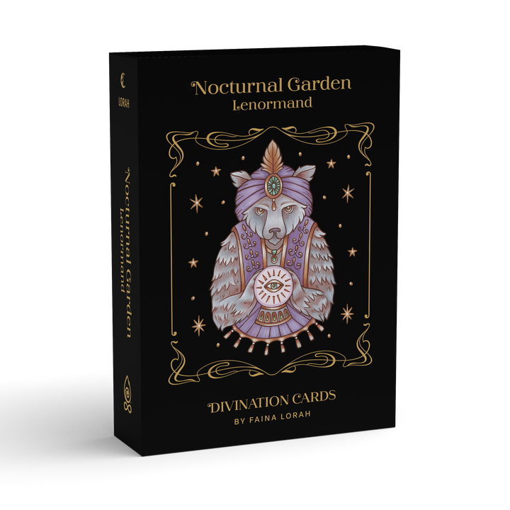 The Nocturnal Garden Lenormand by Schiffer Publishing, Ltd. comes in a black box featuring artist Faina Lorah’s illustration: a bear in mystical robes holding a crystal ball, with gold accents and decorative borders.