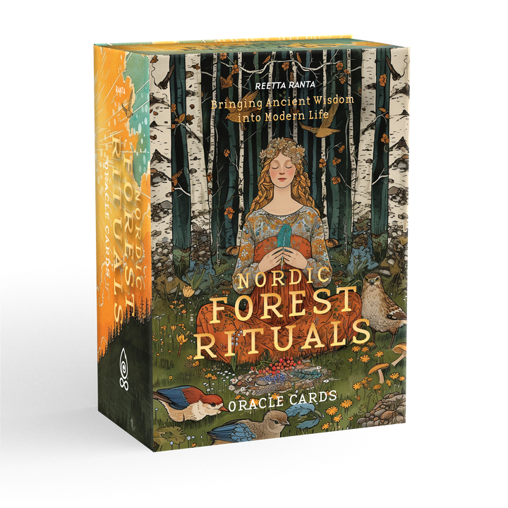 The Nordic Forest Rituals Oracle Cards by Schiffer Publishing, Ltd. feature an illustrated woman in an orange dress among forest spirits and trees, holding an open book. Subtitle: "Bringing Ancient Wisdom into Modern Life.