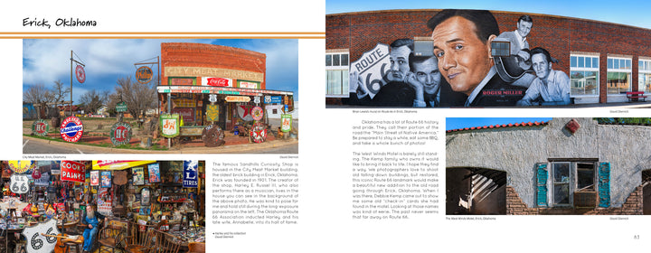 Get Your Pics on Route 66" by Schiffer Publishing, Ltd. showcases Route 66 photography from Erick, OK, featuring a mural of Roger Miller, vintage signs, a quirky memorabilia shop, and wagon wheel decor.