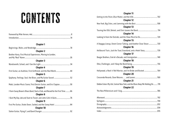 The table of contents from "Street Corner Talking, The Autobiography of Kim Simmonds" (Schiffer Publishing, Ltd.) lists chapters on Savoy Brown, British blues-rock, Kim Simmonds, music, blues, musicians, and personal experiences, with page numbers.