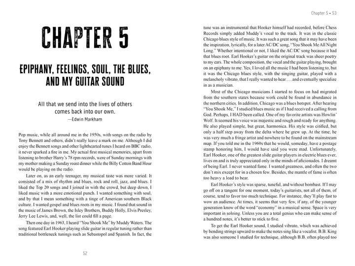 A spread from "Street Corner Talking, The Autobiography of Kim Simmonds" by Schiffer Publishing, Ltd. features Chapter 5—Epiphany, Feelings, Soul, The Blues, and My Guitar Sound—and explores Savoy Brown’s influences and British blues-rock memories.
