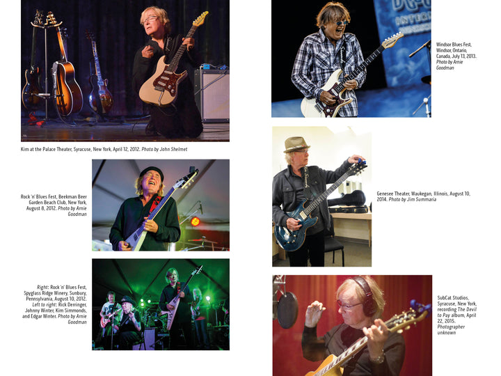 A collage of six photos, featured in "Street Corner Talking, The Autobiography of Kim Simmonds" by Schiffer Publishing, Ltd., shows British blues-rock guitarist Kim Simmonds playing electric guitars on stage and in the studio.