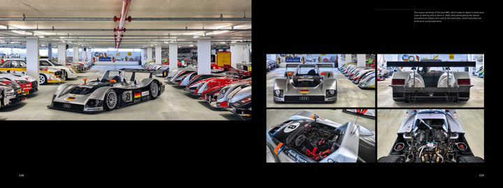 Audi's Historic Fleet from Schiffer Publishing, Ltd. showcases prototype cars parked in a spacious indoor garage, with close-ups featuring a silver open-top race car’s standout design and engine details.