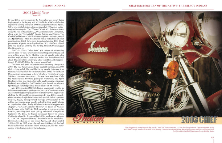 Close-up of a red Gilroy Indians motorcycle, highlighting its chrome engine, front headlight, and Indian logo on the fuel tank. Text about the Gilroy Indians model and Schiffer Publishing, Ltd. is shown to the left.