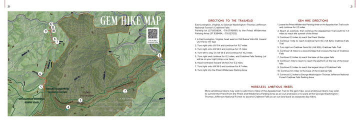 Schiffer Publishing, Ltd.'s "Iconic and Hidden Gems of the Appalachian Trail" features a detailed map of the Gem Hike route with numbered markers, nearby roads, trailhead directions, and step-by-step hiking instructions.