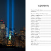 The image shows the Statue of Liberty lit up before New York City's skyline and twin blue beams for 9/11, symbolizing unity and remembrance. Next to it is a table of contents for "We Are All Americans" by Schiffer Publishing, Ltd.