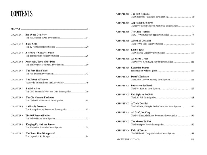 The table of contents for *Savannah's Afterlife III* by Schiffer Publishing, Ltd. lists chapters with titles and page numbers, exploring Savannah’s haunted history, investigations, and supernatural legends in a two-column format.