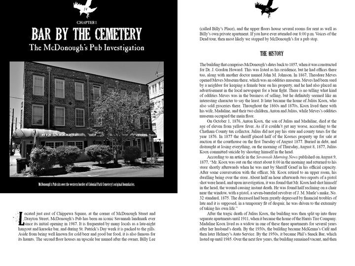 Black-and-white photo of a brick building with windows and outdoor tables on a corner, overlaid with text from Schiffer Publishing, Ltd.'s “Savannah’s Afterlife III” about McDonough’s Pub and Savannah's haunted history.