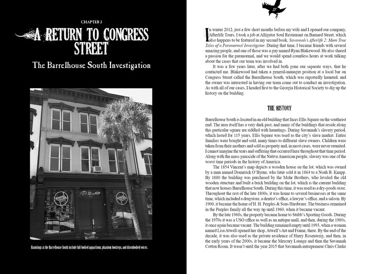 A black-and-white photo of Barrelhouse South's exterior shows two figures at the entrance. The brickwork and tall windows evoke Savannah’s haunted past, featured in Savannah's Afterlife III from Schiffer Publishing, Ltd.