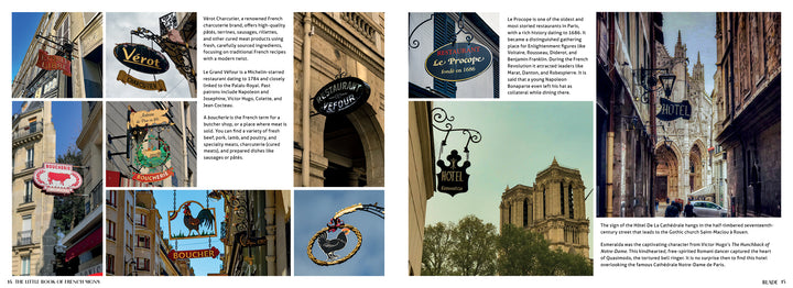 A vibrant collage from The Little Book of French Signs by Schiffer Publishing, Ltd. features ornate shop and restaurant signs—like a butcher, bakery, and hotel—set above historic Parisian streets with grand buildings and a cathedral backdrop.
