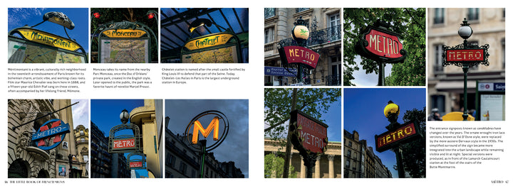 Discover "The Little Book of French Signs" by Schiffer Publishing, Ltd.—a vibrant collage of Paris Metro station signs in styles from art nouveau to modern, set against urban backdrops that celebrate the essence of French street art.