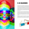 A split-page image: left side shows a person in 3-D glasses with a rainbow glitch effect, evoking '80s design; right side features info about Iconic Objects of the 1980s by Schiffer Publishing, Ltd., plus a photo of these cult glasses.