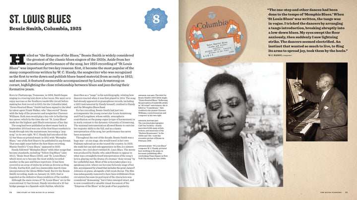 A spread from Schiffer Publishing, Ltd.'s "The Story of the Blues in 50 Songs" highlights Bessie Smith’s “St. Louis Blues” with text, a Columbia label, and vintage photos, capturing blues history in a classic layout.
