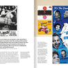 A magazine spread showcases The Story of the Blues in 50 Songs by Schiffer Publishing, Ltd., featuring vintage posters, album covers, and photos that trace the evolution of blues music. Stylized text highlights “Shake, Rattle & Rock!”.