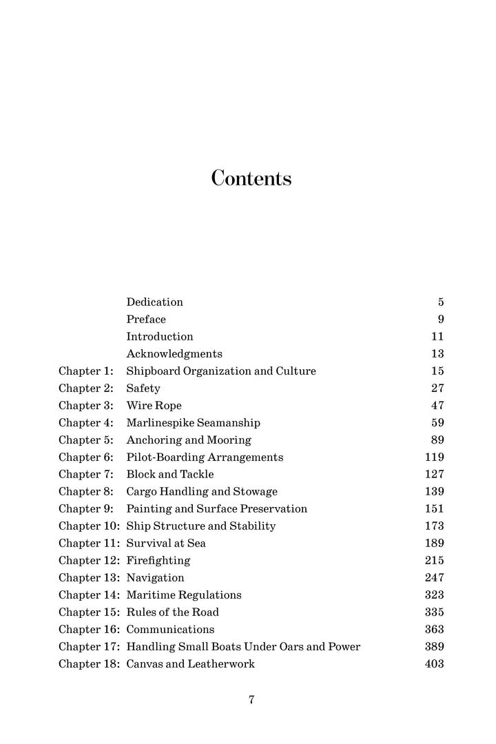A table of contents page from the "American Merchant Seaman's Manual, 8th Edition" by Schiffer Publishing, Ltd., listing chapters on safety, wire rope, rigging, anchoring, navigation, regulations, communications, and boat handling with page numbers.