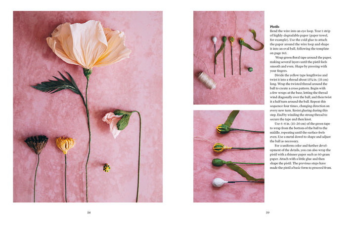 Paper Flower Magic by Schiffer Publishing, Ltd. is a visual step-by-step guide for making crepe-paper blooms, showing petals, stems, thread, and finished flowers on a pink background, with clear written instructions throughout.