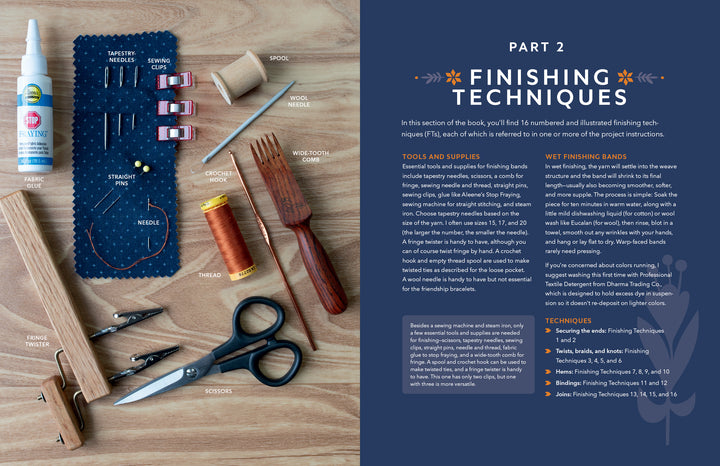 A sewing kit is arranged on blue felt and wood. The right page of The Bandweaver's Project Book by Schiffer Publishing, Ltd. features finishing techniques for sewing tools and warp-faced tabby bandweaving.