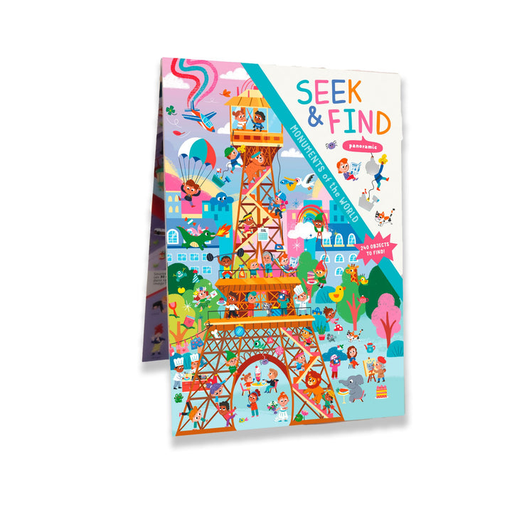 Monuments of the World by Schiffer Publishing, Ltd. is a seek-and-find book with vibrant illustrations of the Eiffel Tower, whimsical characters, and Paris scenes. The cover highlights lively moments around this iconic world landmark.
