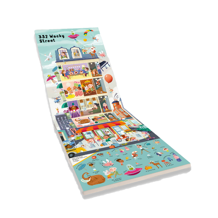Discover “Welcome to Wackytown” by Schiffer Publishing, Ltd.—a colorful, illustrated board book featuring a multi-story house packed with quirky characters and playful scenes. Enjoy panoramic seek-and-find fun as you hunt for hidden objects in each imaginative room!.