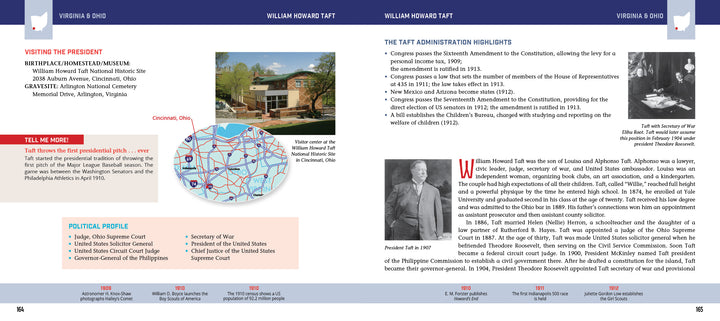 The Schiffer Publishing, Ltd. book *Meet the Presidents: USA 250th Birthday Special Edition* includes a two-page spread on William Howard Taft with his bio, museum info, Ohio map, birthplace photo, B&W portrait, and admin highlights.