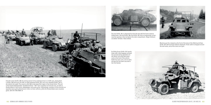 A column of WWII German light armored cars is shown on a country road; insets feature close-ups and rear views with soldiers. From "German Light Armored Cars of WWII" by Schiffer Publishing, Ltd.