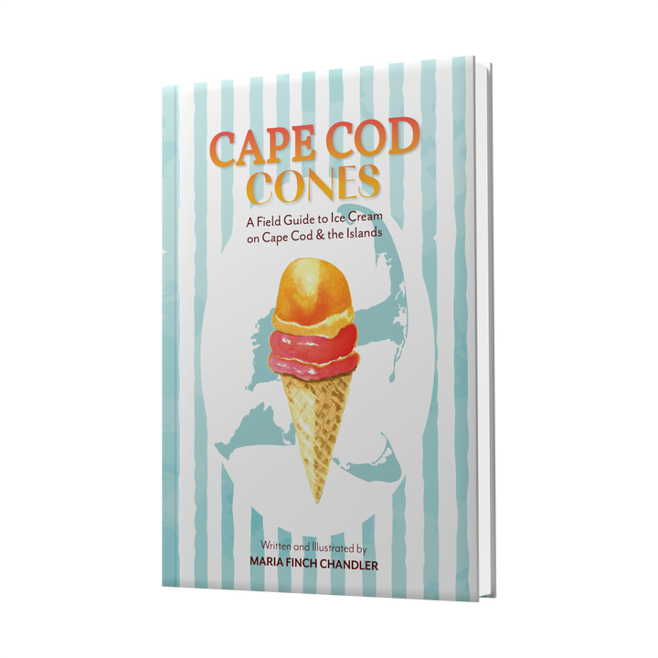 Cape Cod Cones by Schiffer Publishing, Ltd. is a field guide featuring an illustrated ice cream cone on a blue and white striped cover, ideal for Cape Cod ice cream fans.